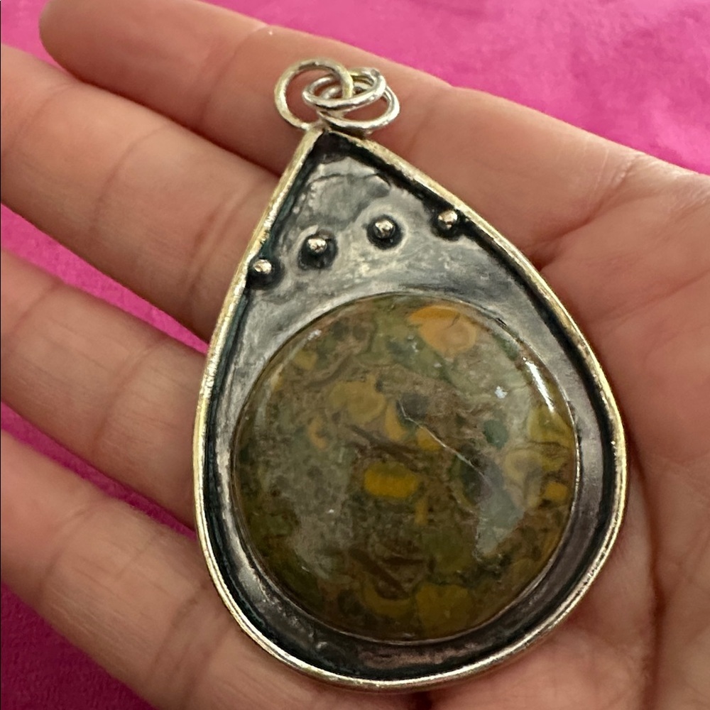 Artisan FRUIT JASPER Teardrop Pendant with Green and Yellow Hand Crafted #9140 - Picture 9 of 15